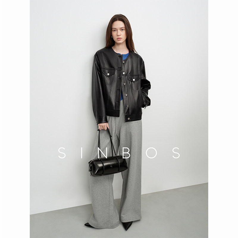 SINBOS苍灵 油蜡绵羊皮真皮皮衣女秋季新款圆领廓形短款夹克外套图片