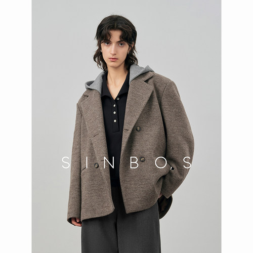 sinbos秀场映像 假两件羊毛呢子大衣女2024秋冬廓形西装宽肩外套