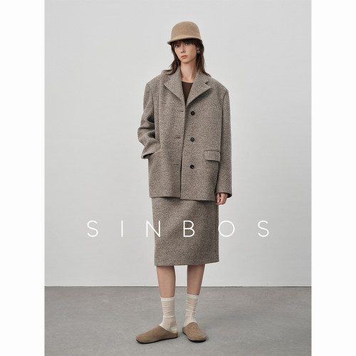 SINBOS柏林漫忆 100%羊毛呢子套装 廓形宽肩西装外套&中长半身裙
