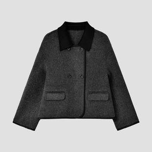 赫本风拼色纯羊毛呢外套女气质减龄秋季翻领女士羊毛双面呢大衣