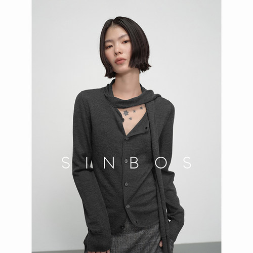 SINBOS甜茶 围巾领造型设计精纺羊毛针织开衫女秋季新款打底毛衣