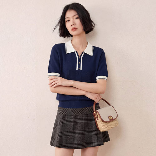 【100%莱赛尔】通勤气质减龄撞色翻领清爽天丝t恤女针织衫女