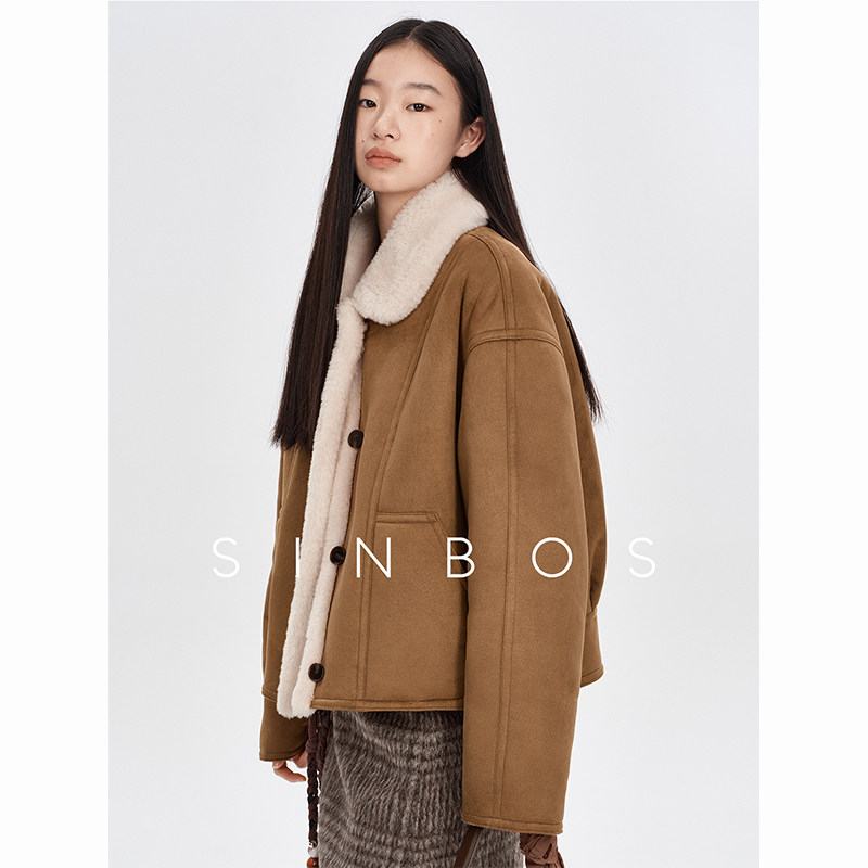 SINBOS姜饼拿铁 羊剪绒复合皮毛一体外套女100%羊毛翻领廓形皮草