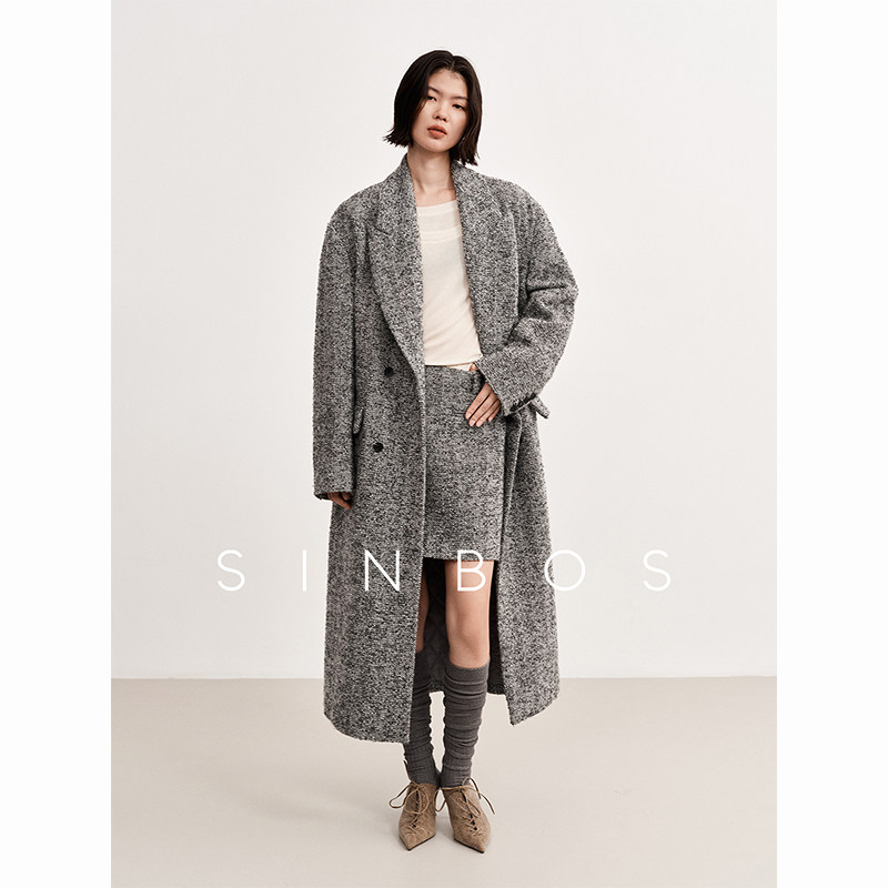 SINBOS檐霜 羊驼毛混纺呢子大衣女秋冬新款夹棉外套&半身短裙套装图片