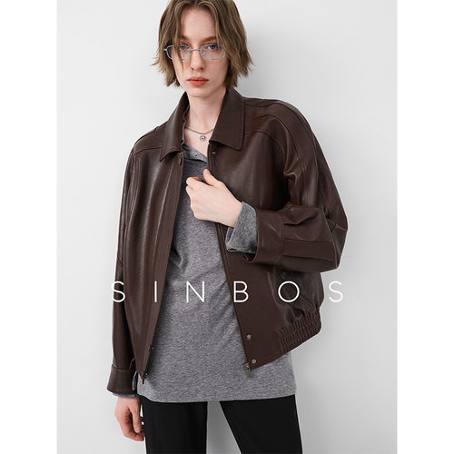 SINBOS莫妮卡 结构美学廓形皮衣女真皮夹克秋季新款植鞣羊皮外套