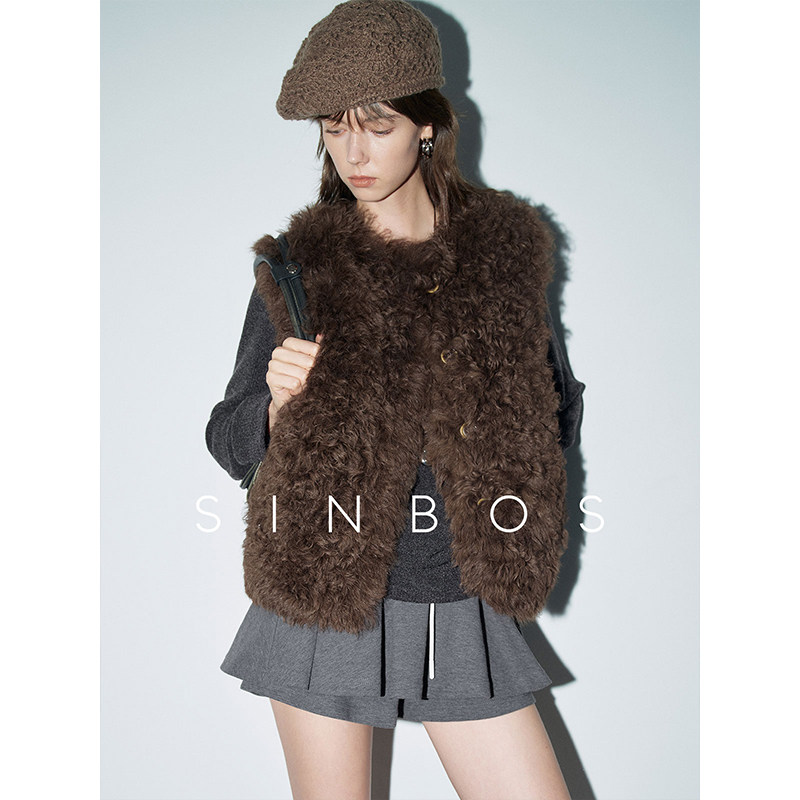 SINBOS黛西小姐 进口提格拉多皮毛一体外套女冬季羊卷毛皮草马甲图片