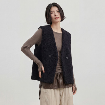 绵羊毛春秋高级感时尚百搭V领无袖皮草上衣外套女