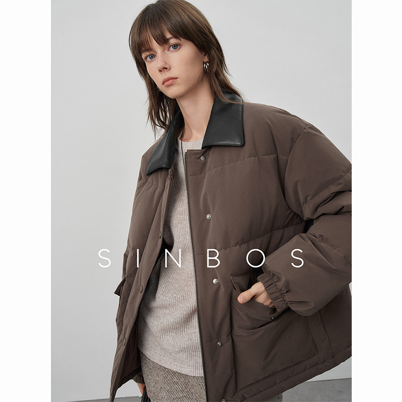 SINBOS中环 索罗娜90白鸭绒羽绒服女复古撞色真皮领冬季加厚外套图片
