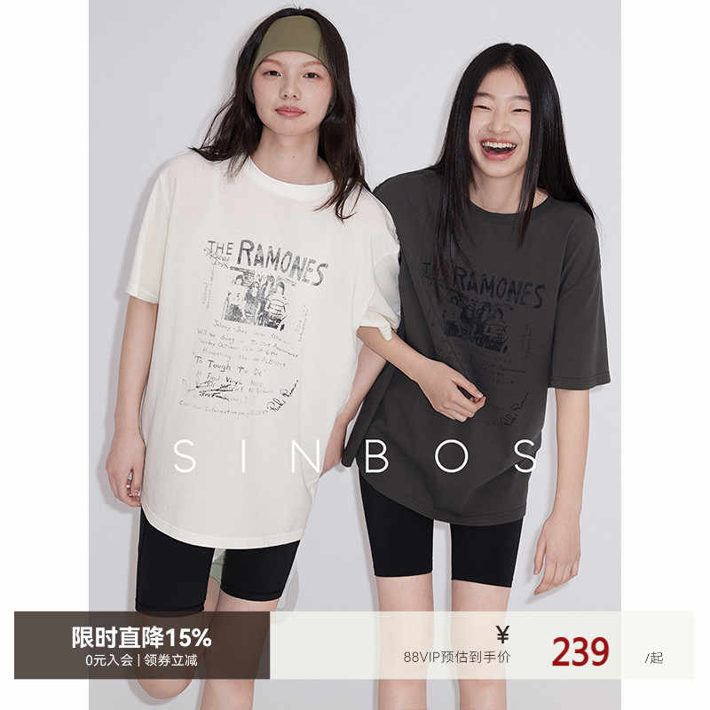 sinbos摇滚乐队 t恤女落肩复古宽松上衣慵懒风短袖2025夏季新款