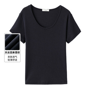 天丝亚麻混纺针织鹅蛋领短袖女夏季宽松随性慵懒女士短袖T恤