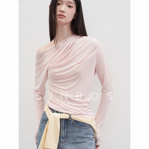 sinbos雾 别致纯欲美T恤女露肩夏季针织上衣层次感褶皱打底衫25秋