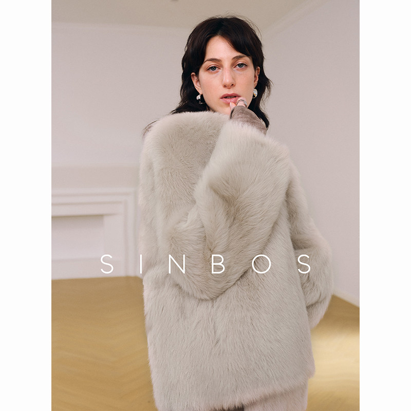 SINBOS挪威森林 进口托斯卡纳皮毛一体毛毛外套女V领羊羔毛皮草图片