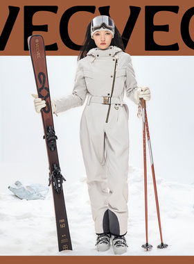 VECVEC连体滑雪服女双板保暖羊羔毛帽防水透气户外老钱风滑雪装备