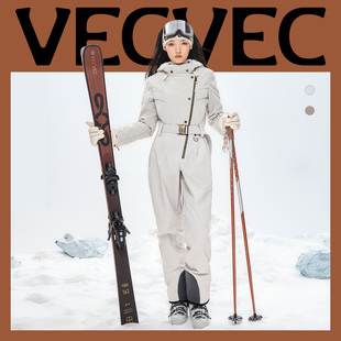 VECVEC连体滑雪服女双板保暖羊羔毛帽防水透气户外老钱风滑雪装备