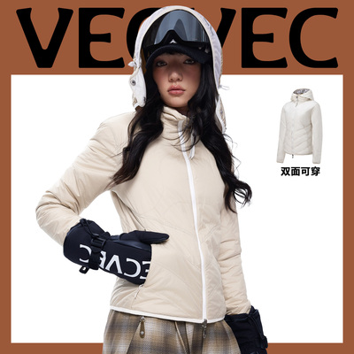 VECVEC双面鹅绒内胆保暖防风中层穿带帽子女修身秋冬轻薄羽绒外套
