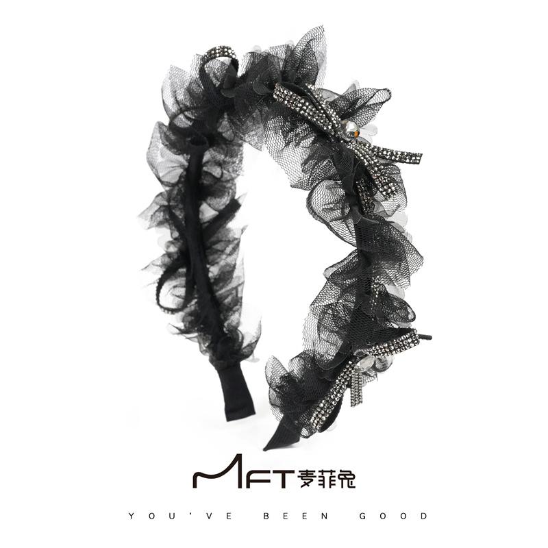 麦菲兔曼莎发箍薄纱蕾丝闪亮蝴蝶结头箍时尚高颅顶气质发饰