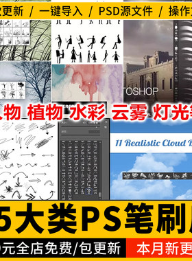 建筑景观园林设计植物人物云雾灯光黑白小人纹理水墨后期ps笔刷库