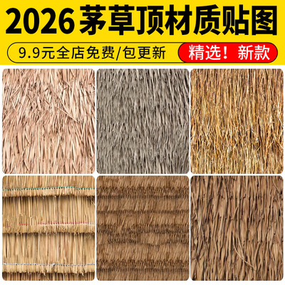 茅草屋面乡村稻草茅草顶生态屋顶材质贴图无缝SU模型3d素材ps贴图