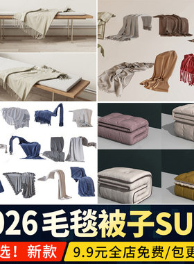 现代毯子 毛毯SU模型被子布艺编织 床品搭巾毛巾浴巾草图大师素材