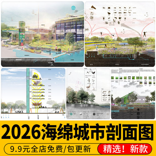 海绵城市生态环境公园主题景观效果图剖立面分析图psd分层ps素材