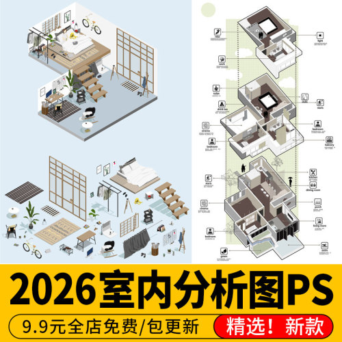 小场景节点分析图psd素材 装配家具模块设计室内活动功能轴测图ps