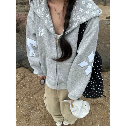美式复古连帽满印字母刺绣卫衣外套女秋季设计感灰色开衫拉链外套