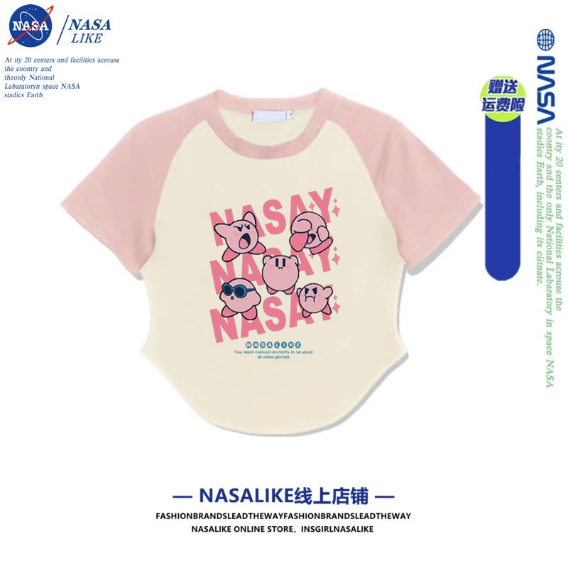 NASA纯棉正肩短袖t恤女款短款辣妹U型下摆撞色上衣小众设计感