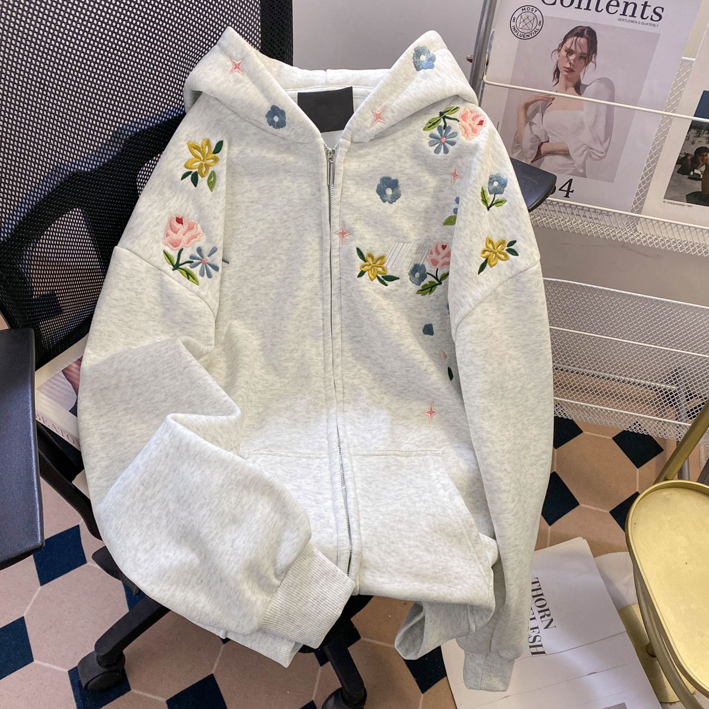 美式刺绣开衫拉链连帽薄款春秋季2025新款卫衣男女宽松情侣装上衣