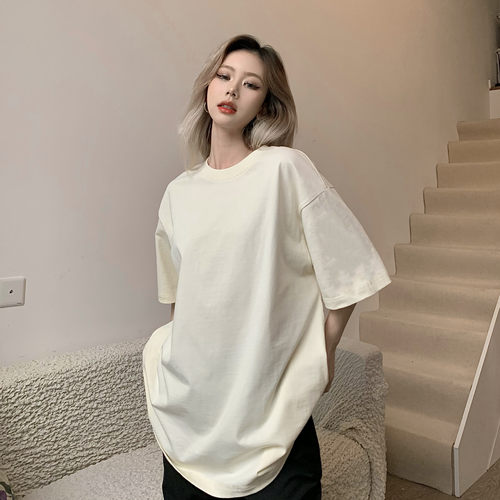 男女同款纯色重磅纯棉短袖t恤宽松大码情侣装春夏季休闲百搭上衣