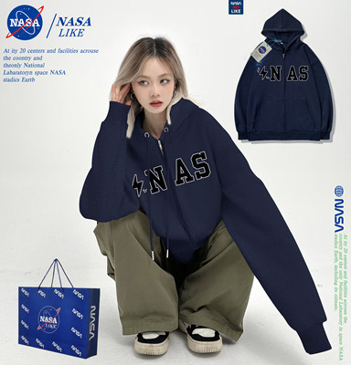 NASA联名重磅加绒加厚美式开衫拉链运动休闲卫衣外套男女潮牌秋冬