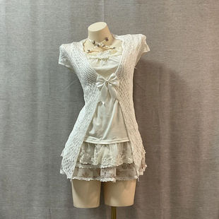 拼接连衣裙甜美套装 古早白月光 昭和千金古着vintage开衫 夏季 新款