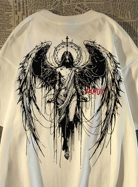 100%纯棉重磅短袖t恤男女同款夏季宽松港风翅膀天使半袖百搭男装K