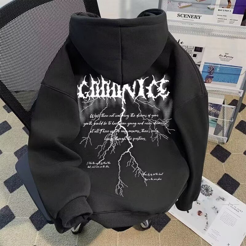 美式复古潮牌闪电字母印花卫衣男