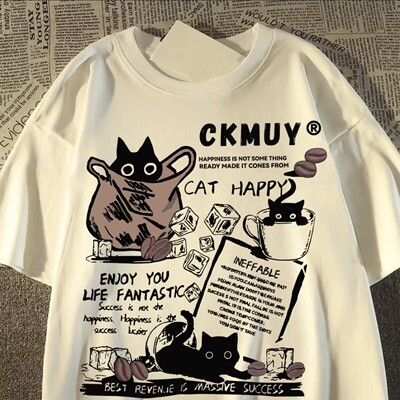美式百搭杯子猫男女纯棉t恤短袖