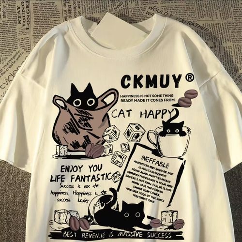 美式百搭杯子猫男女纯棉t恤短袖