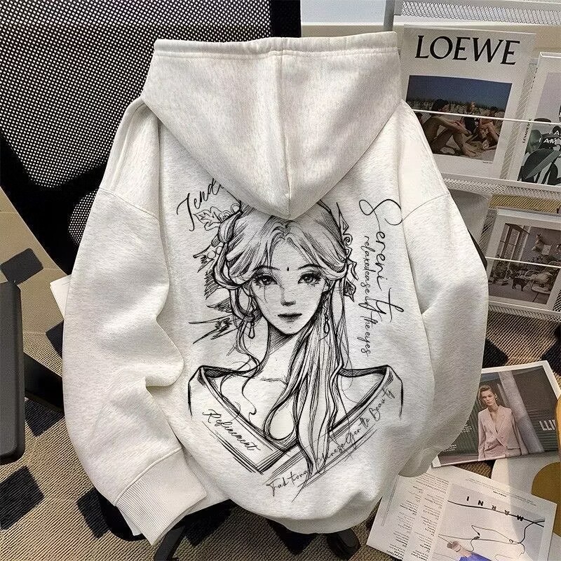 日系潮牌动漫美女印花连帽卫衣男女秋冬加绒百搭轻奢潮流运动外套