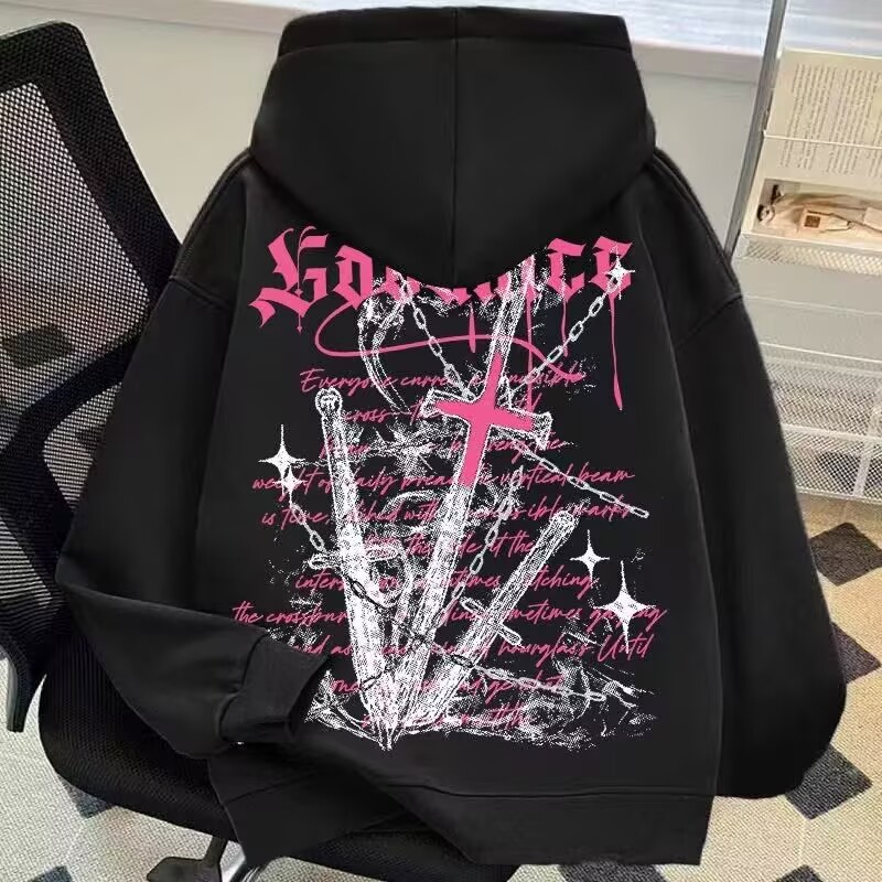 美式复古十字架印花男女连帽卫衣