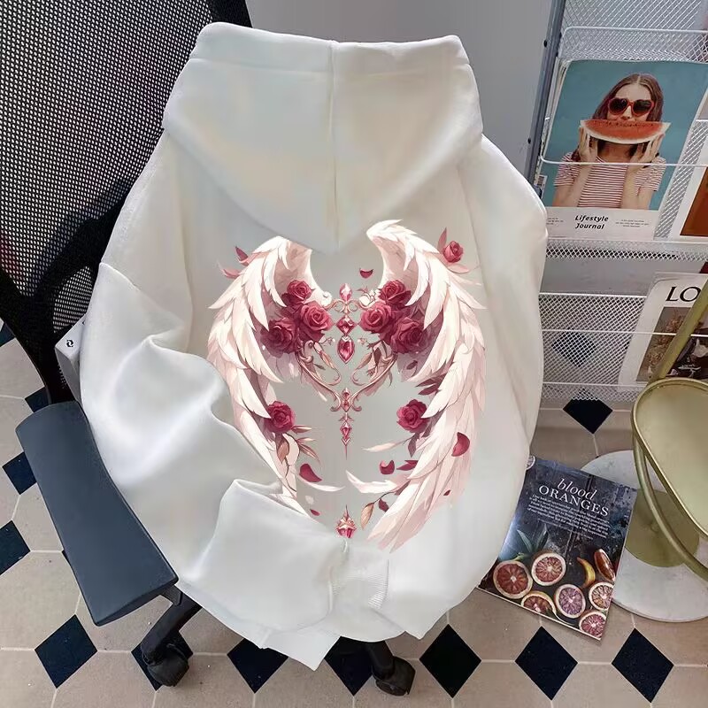 美式复古玫瑰翅膀连帽卫衣宽松版