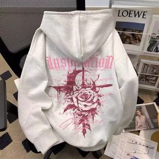 欧美街头vintage樱花剑印花连帽卫衣男女款 国潮高街宽松百搭外套