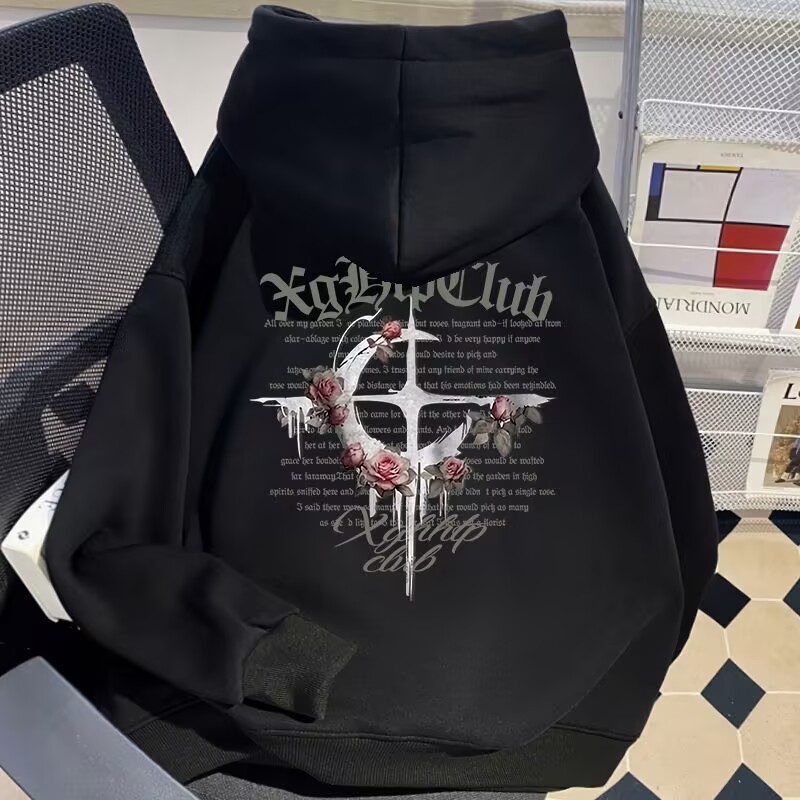 美式街头十字架潮连帽卫衣宽松版