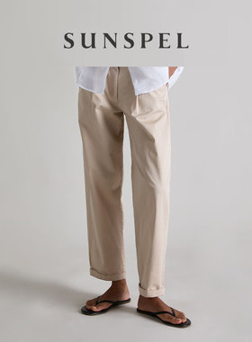 SUNSPEL女士秋冬经典斜纹双褶锥形棉质休闲卡其长裤