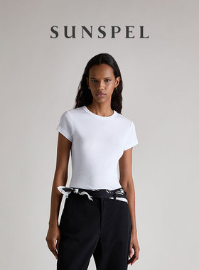 SUNSPEL女士秋冬Supima匹马棉经典圆领罗纹T恤短袖打底T恤