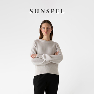 圆领针织毛衣 SUNSPEL女士春秋美利奴羊毛混纺棱纹短款