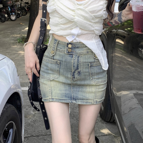 夏季复古做旧辣妹紧身包臀牛仔裙
