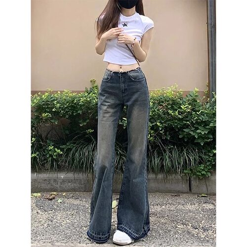 美式复古辣妹低腰毛边喇叭牛仔裤