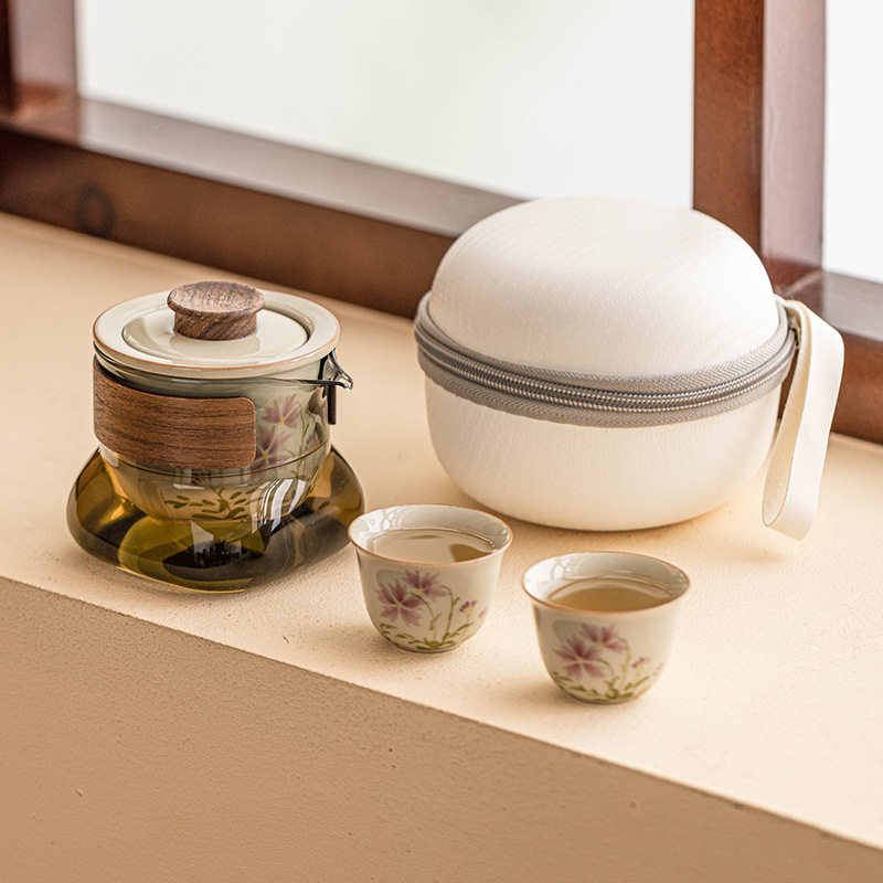 手绘小雏菊旅行茶具便携式快客杯个人户外陶瓷泡茶小套装一壶两杯