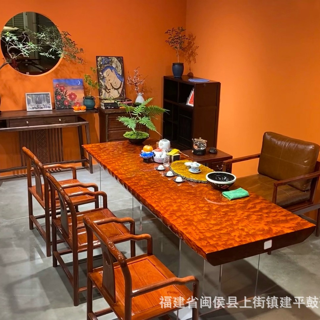 巴花实木大板桌原木红木茶桌家用办公会议桌整板花梨木椅大班桌台