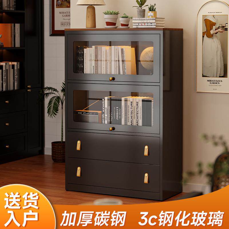 中古钢制玻璃翻门书柜客厅储物柜黑色复古展示柜置物柜