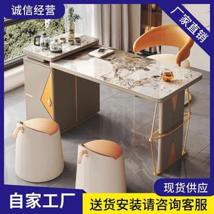 轻奢岩板茶台简约现代家用小型办公功夫茶桌书桌一体伸缩阳台茶桌