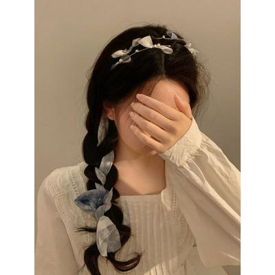 t蓝色超仙碎花珍珠飘带发箍女森系仙美发带绑发编发丝带头饰春夏